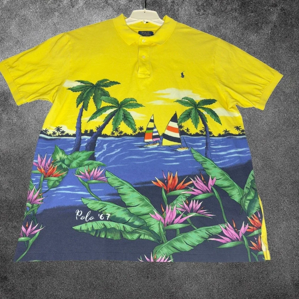 Polo Ralph Lauren Mens XXL Tropical Hawaiian Polo Sailboat Palm Tree Yellow